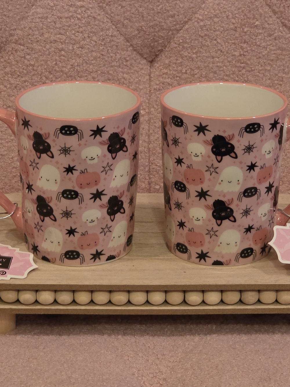 Halloween Pink Ghost, Bats & Spider Ceramic Mug - Set of 2